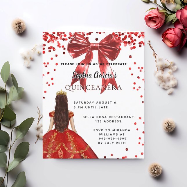 Quinceanera red white dress bow invitation (Creator Uploaded)
