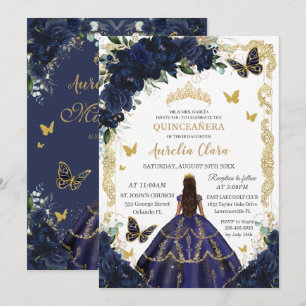 Quinceañera Rich Navy Blue Floral Gold Princess Invitation