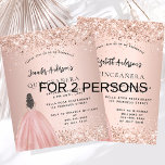 Quinceanera rose dress 2 girls twins invitation<br><div class="desc">A modern, stylish and glamourous invitation for 2 Quinceañeras, 15th birthday parties. A rose gold background with faux sparkles, a girl wearing a ball gown. The names are written with a modern hand lettered style script. Personalize and add your party details. One name on each side. 1 sheet = 1...</div>