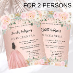 Quinceanera rose dress floral 2 girls invitation<br><div class="desc">A modern, stylish and glamourous invitation for 2 Quinceañeras, 15th birthday parties. A rose gold background decorated with blush pink flowers, florals, and a girl wearing a ball gown. The names are written with a modern hand lettered style script. Personalize and add your party details. One name on each side....</div>