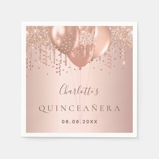 Quinceanera rose gold balloons monogram napkin (Front)