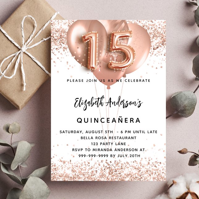 Quinceanera rose gold balloons white  invitation (Creator Uploaded)
