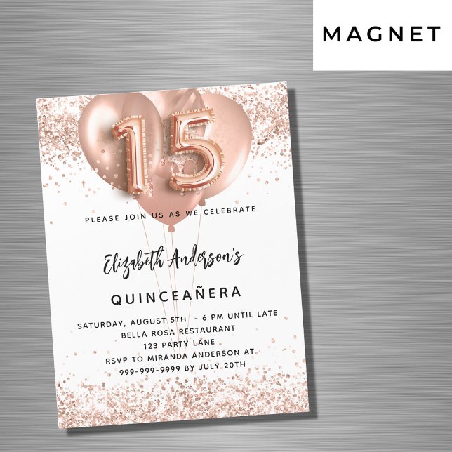 Quinceanera rose gold balloons white luxury magnetic invitation (Creator Uploaded)