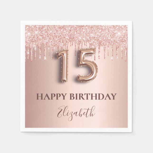 Quinceanera rose gold blush glitter drips name napkin (Front)