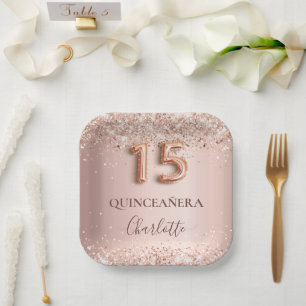 Quinceanera rose gold blush glitter drips name paper plate