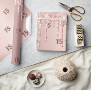 Quinceanera rose gold blush glitter drips wrapping paper