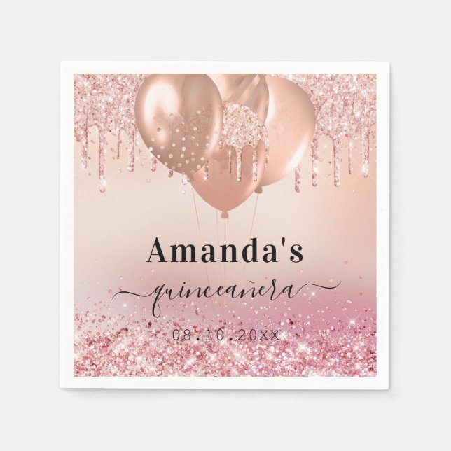 Quinceanera rose gold blush glitter name napkin (Front)