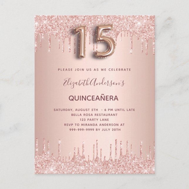 Quinceanera rose gold blush invitation postcard (Front)