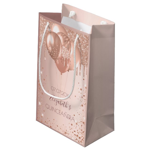 Quinceanera rose gold blush pink balloons small gift bag (Back Angled)