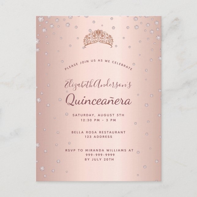 Quinceanera rose gold diamonds invitation postcard (Front)
