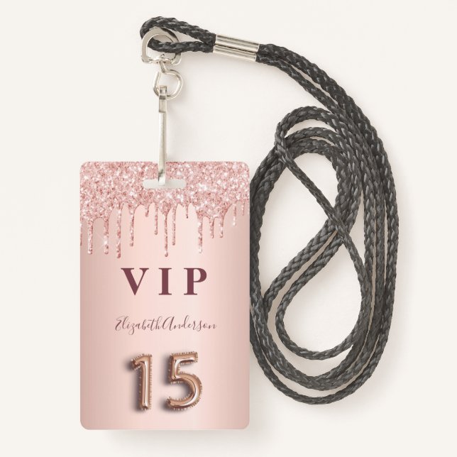 Quinceanera rose gold drips pink badge (Front with Lanyard)