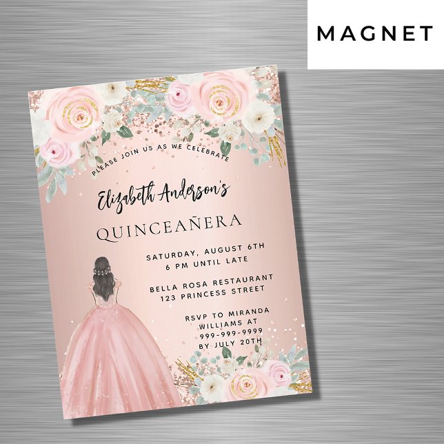 Quinceanera rose gold flowers dress luxury magnetic invitation (Creator Uploaded)