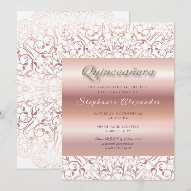 Quinceanera rose gold foil lace gold glitter invitation (Front/Back)