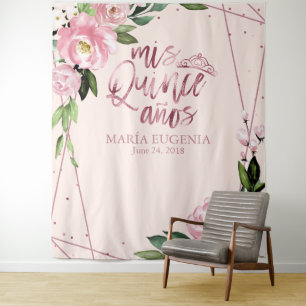 Quinceanera Rose Gold Foil Pink Floral Backdrop Tapestry