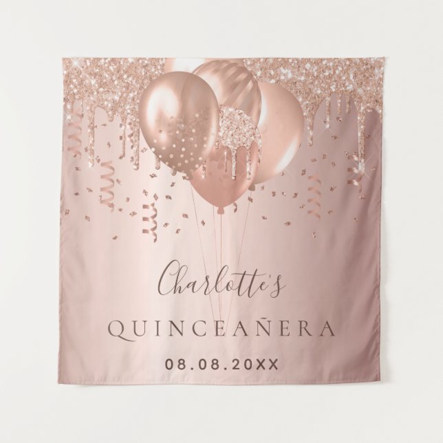 Quinceanera rose gold glitter balloons monogram tapestry (Front)