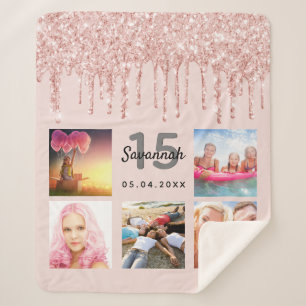 Quinceanera rose gold glitter blush photo name sherpa blanket