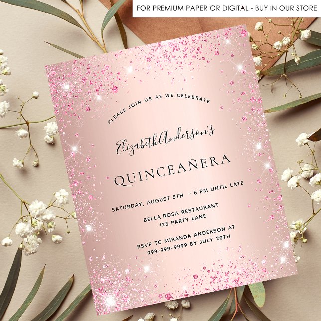 Quinceanera rose gold glitter budget invitation flyer (Creator Uploaded)