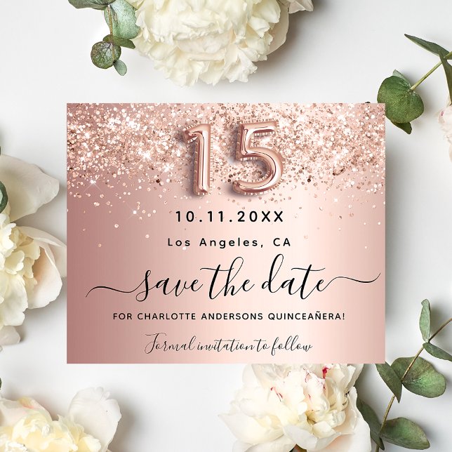 Quinceanera rose gold glitter budget save the date flyer (Creator Uploaded)