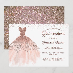 Quinceanera Rose Gold Glitter Dress Glam Party Invitation