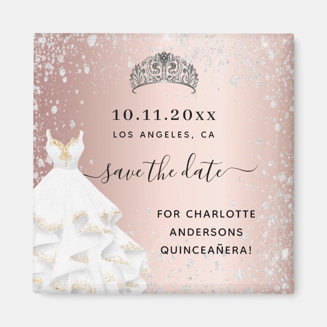 Quinceanera rose gold glitter dress save the date magnet (Front)