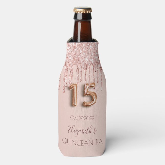 Quinceanera rose gold glitter drips monogram bottle cooler (Bottle Front)