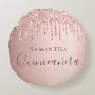 Quinceanera rose gold glitter drips monogram round pillow