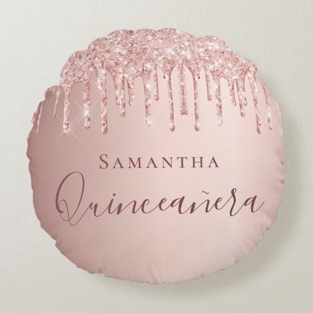 Quinceanera rose gold glitter drips monogram round pillow (Front)