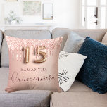 Quinceanera rose gold glitter drips monogram throw pillow<br><div class="desc">A pillow for a Quinceañera, 15th years old girls room. A faux rose gold background with an elegant faux rose gold glitter drips, paint drip look. The text: Quinceañera is written in dark rose gold with a large modern hand lettered style script. Personalize and add a name. Number 15 is...</div>