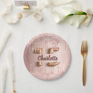 Quinceanera rose gold glitter drips name paper plate
