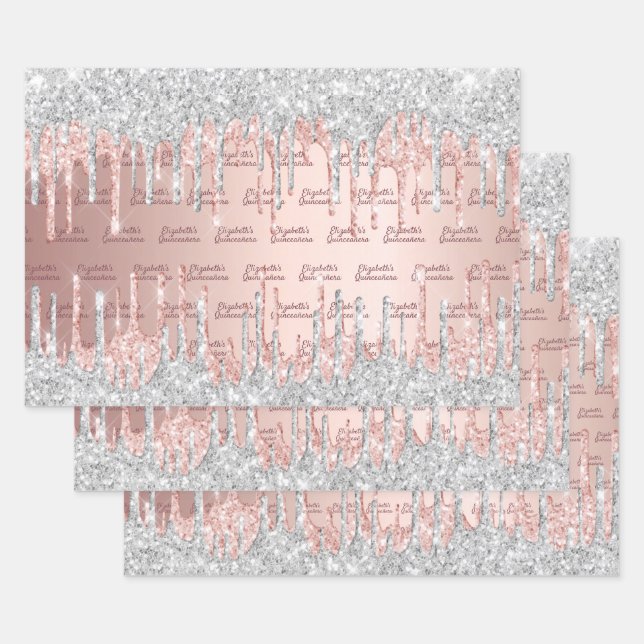 Quinceanera rose gold glitter drips pink silver wrapping paper sheet (Set)