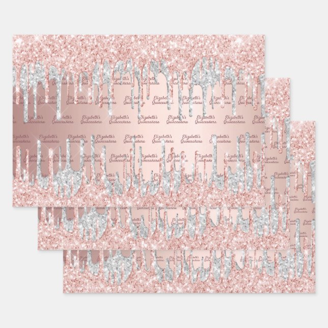 Quinceanera rose gold glitter drips pink silver wrapping paper sheet (Set)