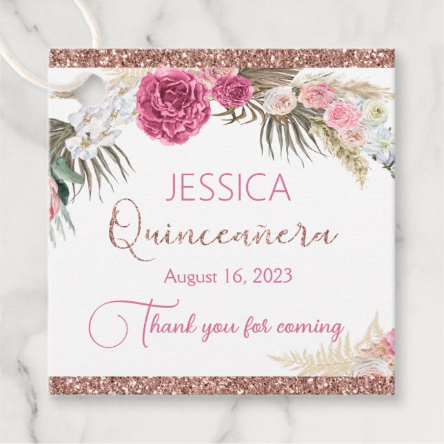 Quinceanera Rose Gold Glitter Floral Gift Tag (Front)