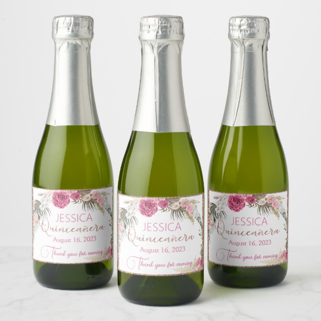 Quinceanera Rose Gold Glitter Mini Sparkling Wine  Sparkling Wine Label (Bottles)