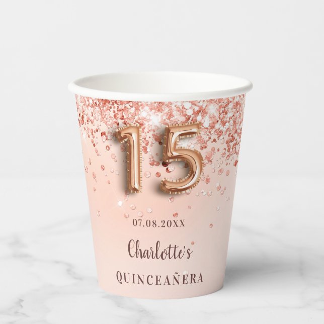 Quinceanera rose gold glitter name paper cups (Front)