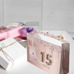Quinceanera rose gold glitter photo monogram large gift bag