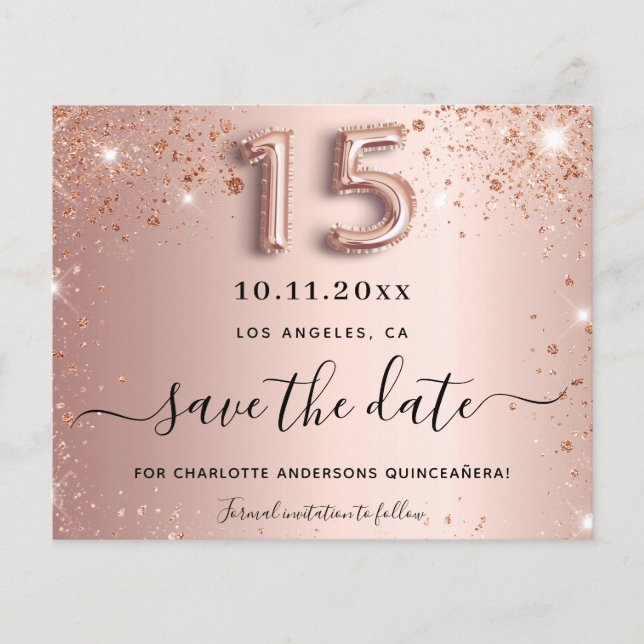 Quinceanera rose gold glitter save the date card (Front)