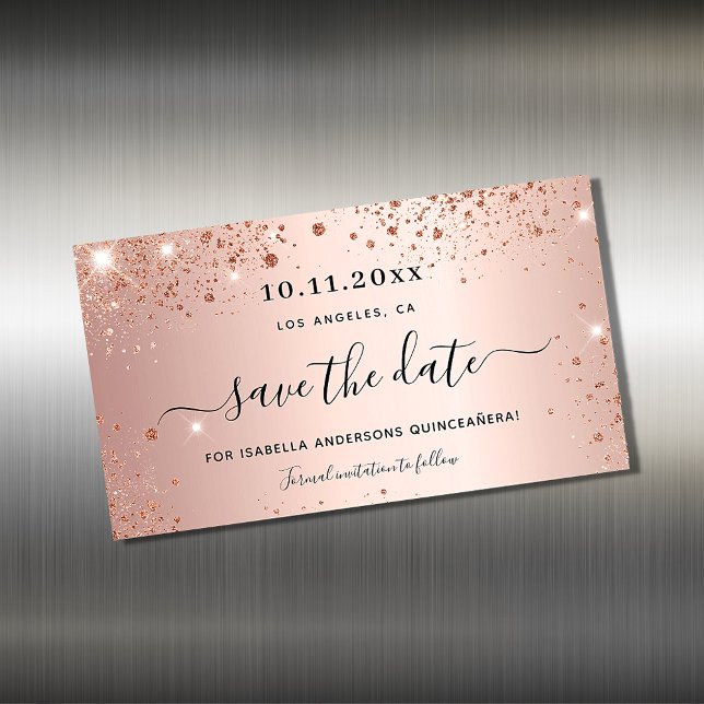 Quinceanera rose gold glitter save the date magnet (Creator Uploaded)
