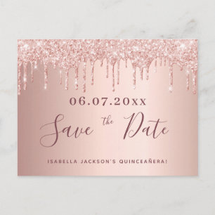 Quinceanera rose gold glitter save the date postcard