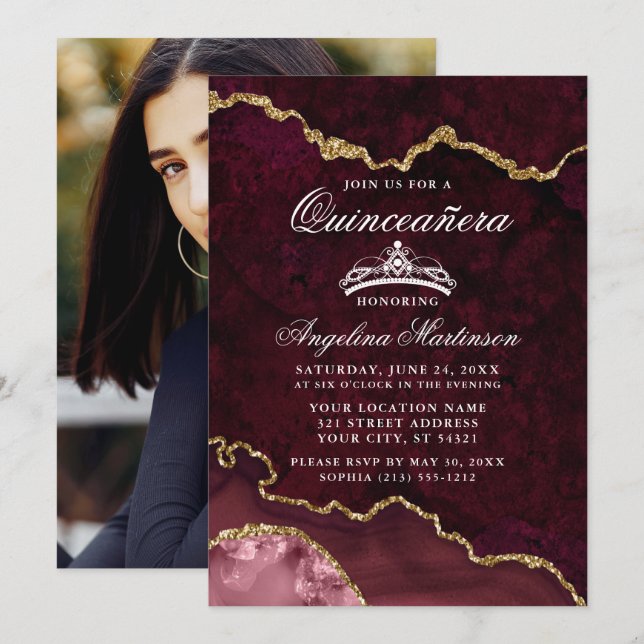 Quinceanera Rose Gold Marble Agate Geode Photo Invitation (Front/Back)