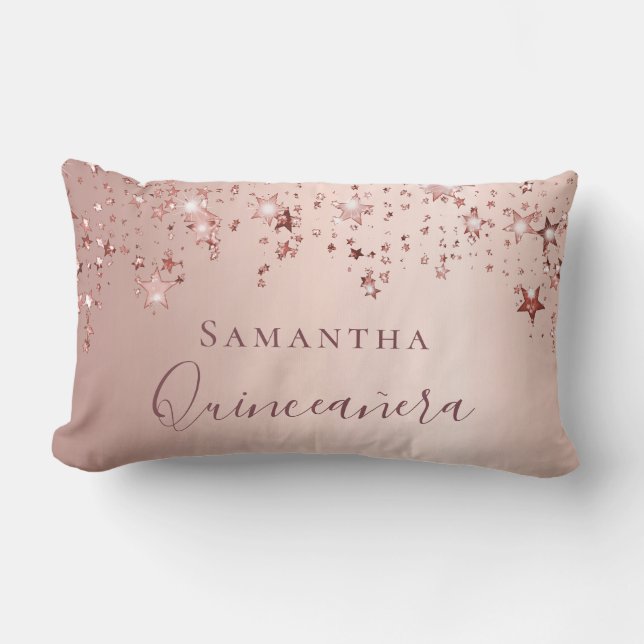Quinceanera rose gold monogram name sparkle lumbar pillow (Front)