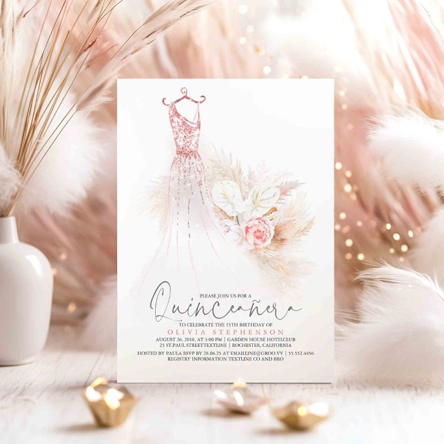 Quinceañera Rose Gold Pampas Grass 15th Birthday Invitation (Pink Gold Glitter Dress Quinceanera 15th Birthday Invitations)