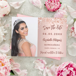 Quinceanera rose gold photo script save the date