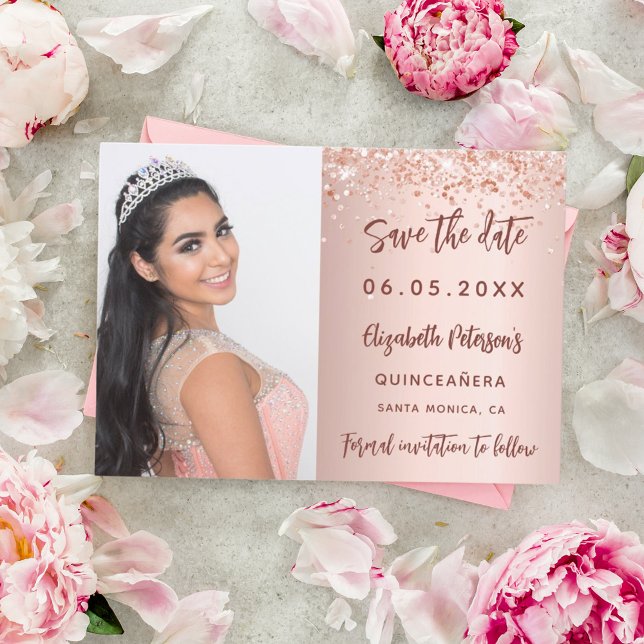 Quinceanera rose gold photo script save the date (Creator Uploaded)