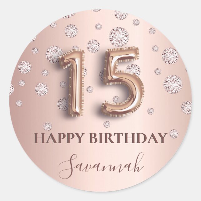 Quinceanera rose gold pink diamonds balloon font classic round sticker (Front)