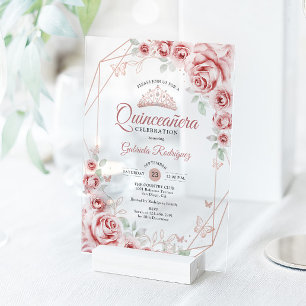 Quinceanera Rose Gold Pink Floral Acrylic Invitations