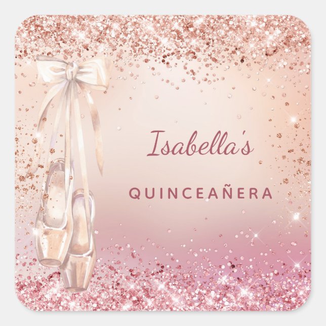 Quinceanera rose gold pink glitter ballerina square sticker (Front)