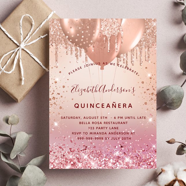 Quinceanera rose gold pink glitter balloons glam invitation (Creator Uploaded)