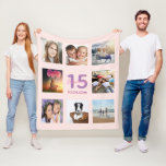 Quinceanera rose gold pink photo collage name fleece blanket<br><div class="desc">A gift for a girl's Quinceañera 15th birthday, celebrating her life with a collage of 8 of your photos of her friends, family, interest or pets. Personalize and add her name, age 15 and a date. Date of birth or the date of the birthday party. Pink and purple coloured letters....</div>
