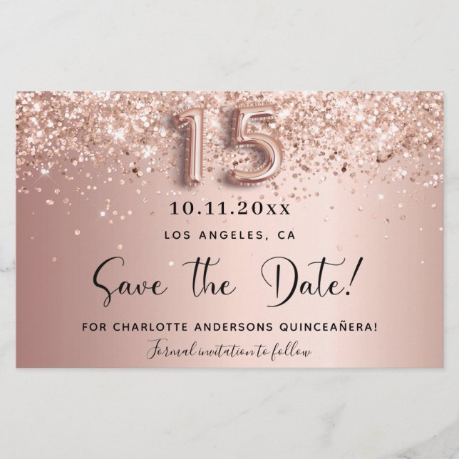 Quinceanera rose gold save the date card (Front)