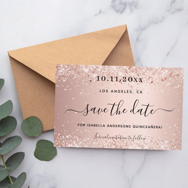 Quinceanera rose gold save the date card (Creator Uploaded)